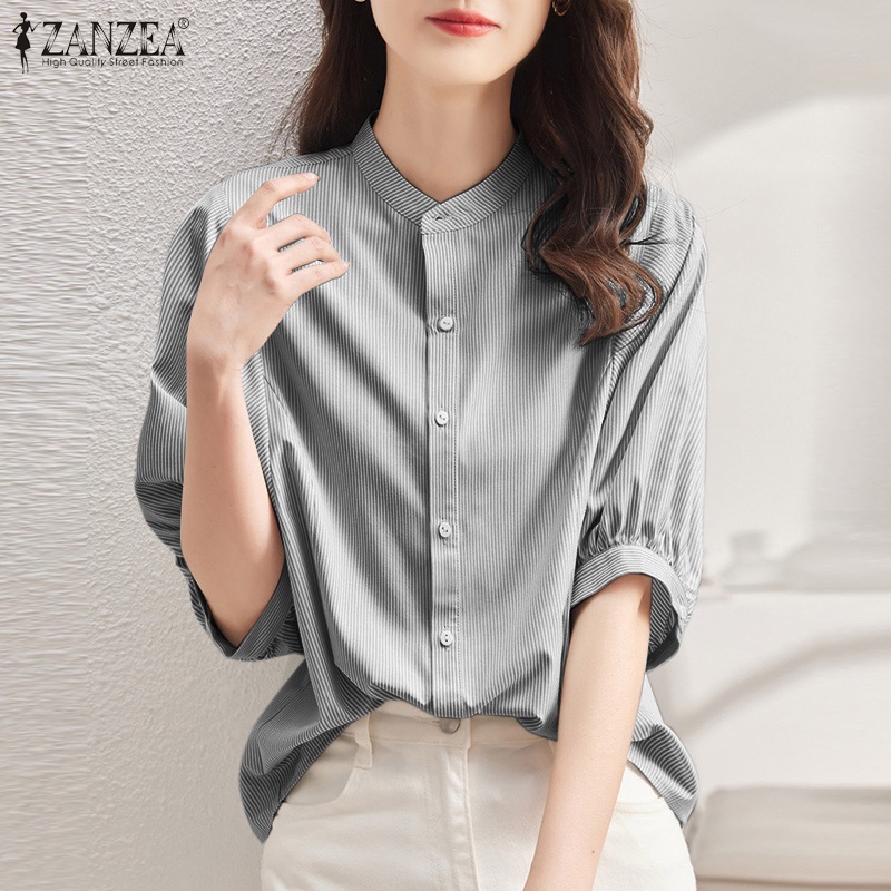 Áo sơ mi ZANZEA tay lỡ cổ đứng họa tiết kẻ sọc phong cách đường phố thời trang thanh lịch dành cho nữ