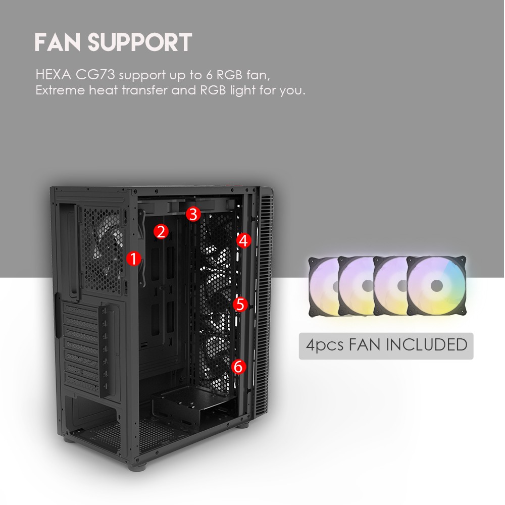 Vỏ Case Máy Tính Mặt Bên Kính Cường Lực FANTECH CG73 HEXA Tặng Kèm 4 Quạt LED RGB - Hãng Phân Phối Chính Thức