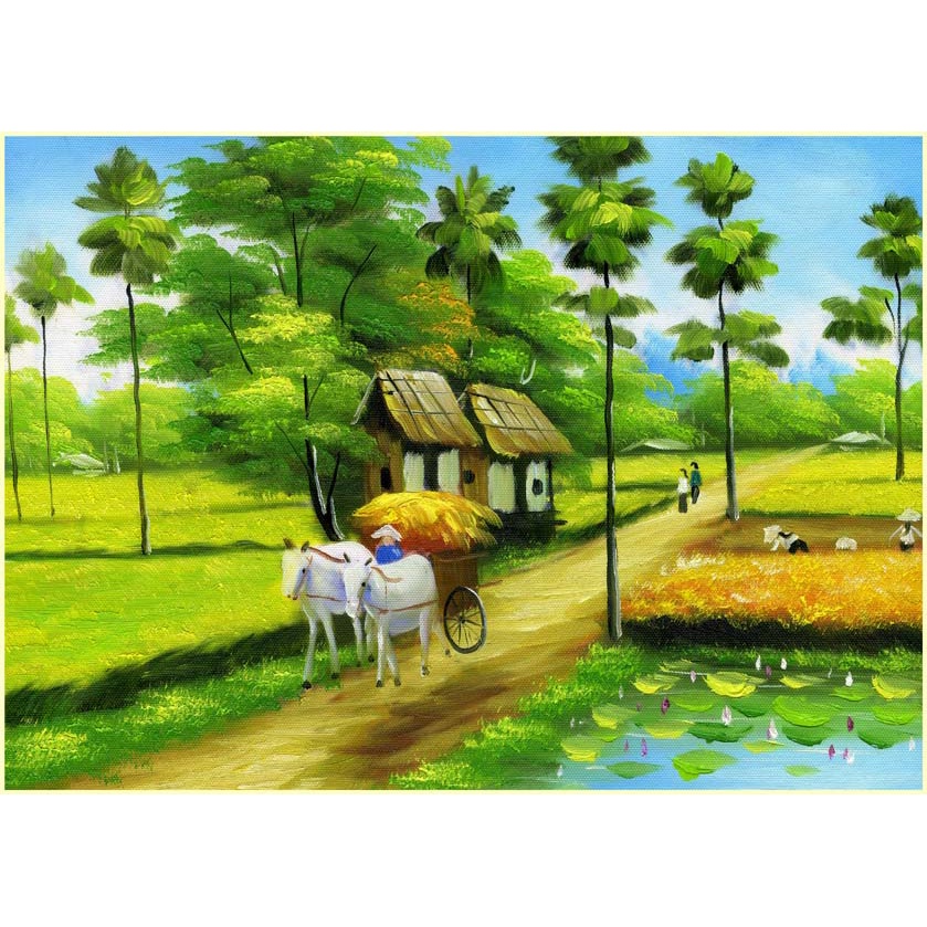 Tranh Dán Tường 3D Đồng Quê Cầu Tre Xuối Nước Xanh Biếc kích thước không giới hạn