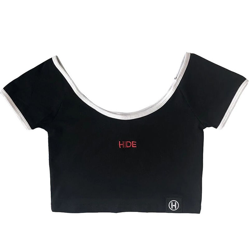 [Follow My Shop] Crop Top short sleeve  Sexy Skinny Casual Fashion Women Clothes Europe and the United States show chest big one line collar high waist exposed navel flat mouth letter embroidery short tight short sleeve T-shirt women's fashion