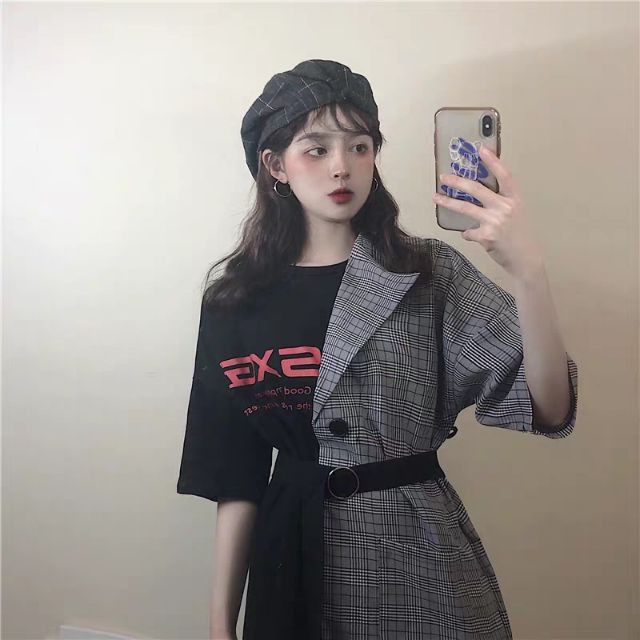 [ORDER+ẢNH THẬT] Đầm thun phối vest kẻ oversize cách điệu Ulzzang siêu độc siêu xinh 😍