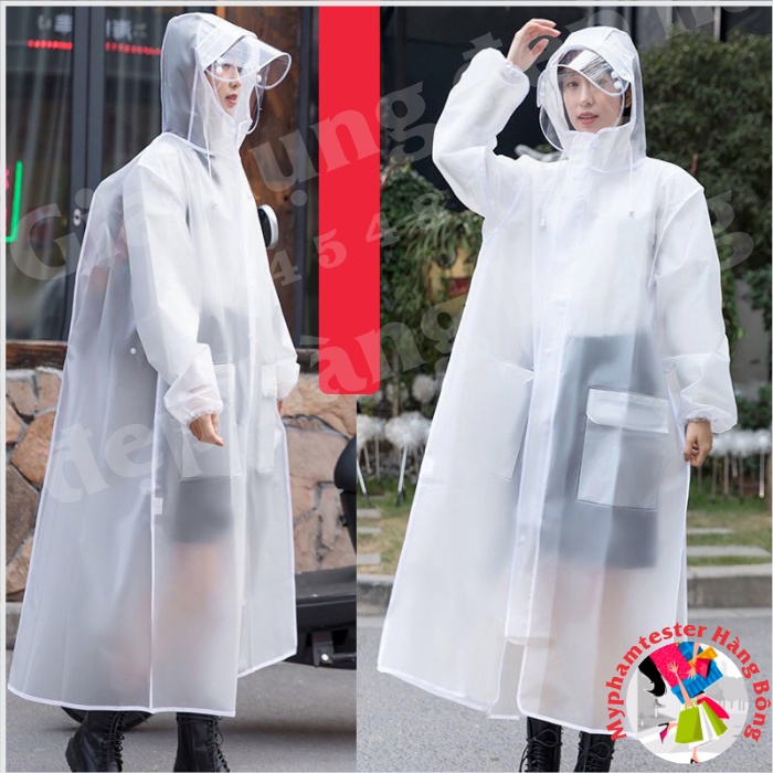 Áo mưa trắng đục cho cả nam và nữ, phong cách Hàn Quốc có kính che mặt trong suốt trắng chất xịn