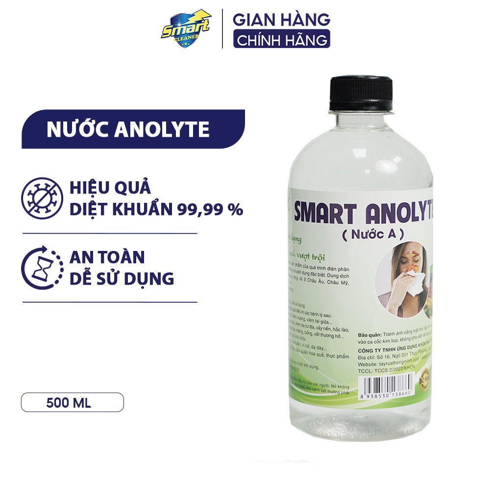 Dung dịch sát khuẩn Smart Anolyte (Nước A) khử khuẩn tay, bề mặt an toàn từ thiên nhiên không kích ứng 500ml