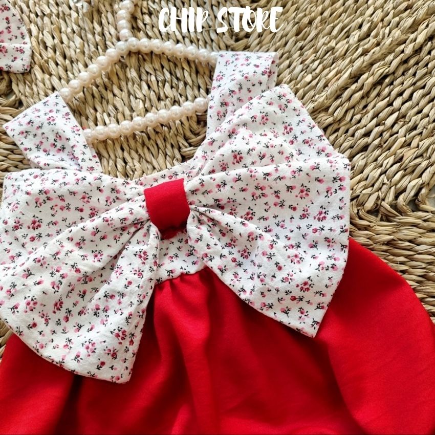 Body bé gái màu đỏ 2 dây phối nơ hoa to trước ngực sang chảnh cho bé sơ sinh - 1 tuổi CHIP STORE