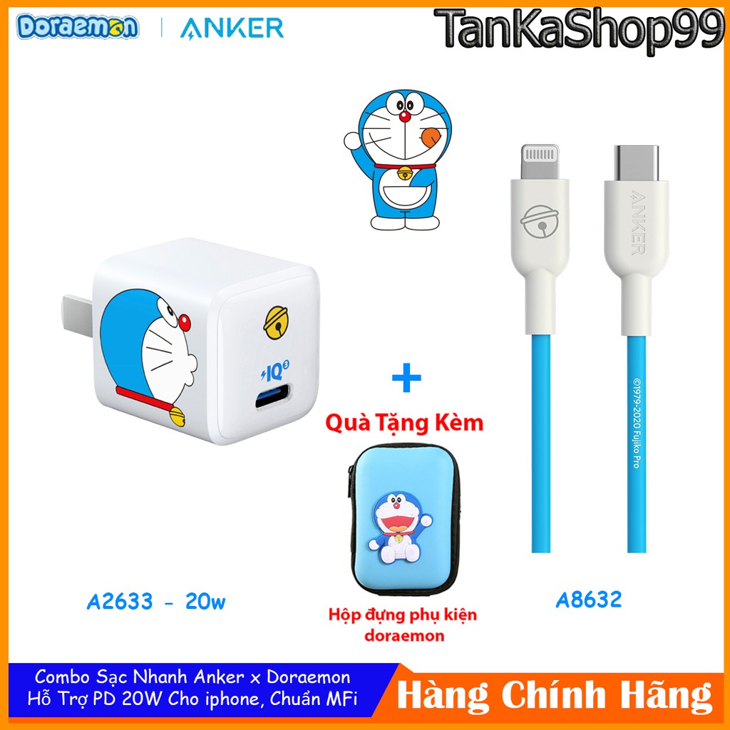 Combo Sạc Nhanh Anker x Doraemon 20W Dành Cho iphone, Chuẩn MFI A2633 + A8632