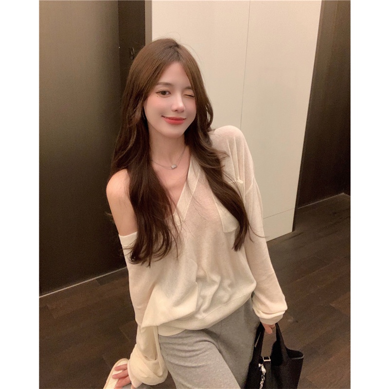 Long Sleeve Sun Protection Women's Sweater Slim Summer Air Conditioner2021New Lazy Wind Stylev Loose Collar | BigBuy360 - bigbuy360.vn
