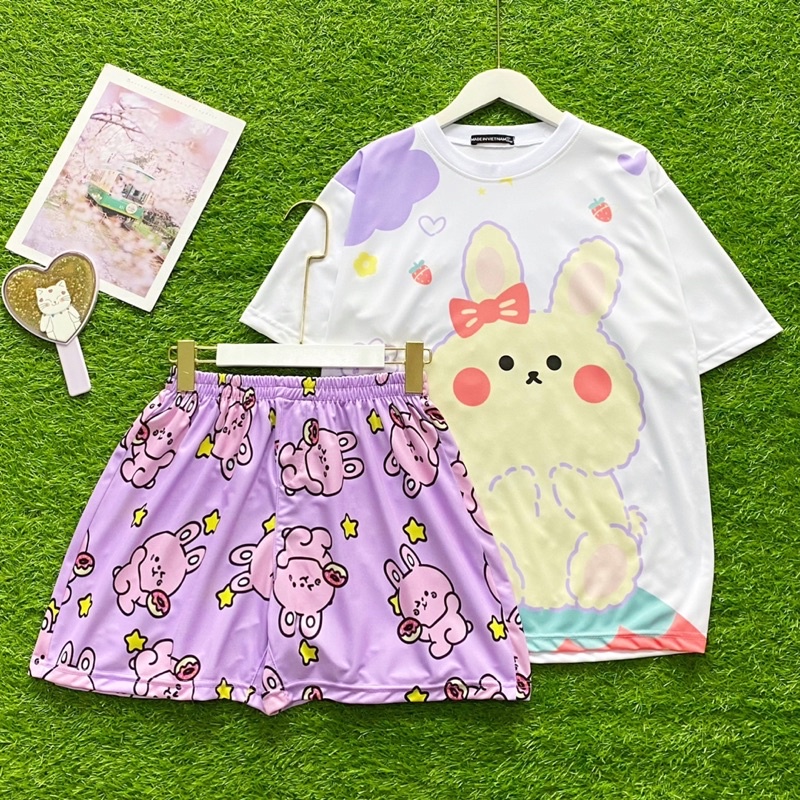 Đồ bộ ngủ nam nữ mặc nhà chất thun co giãn thoải mái form set áo tay lửng in hình dễ thương
