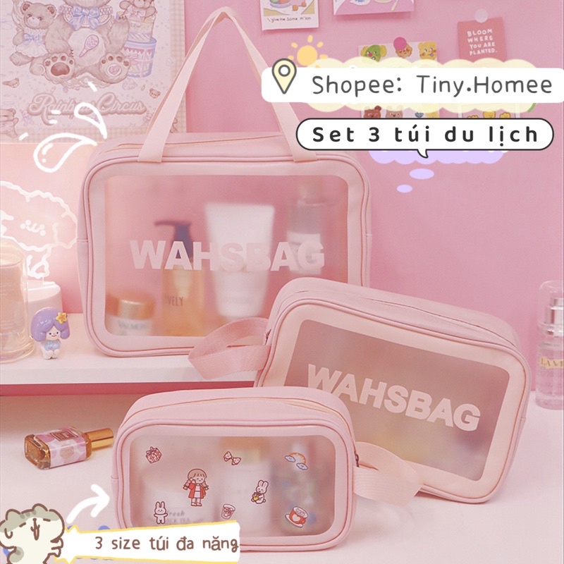 Set 3 túi đựng mỹ phẩm Washbag - Bộ 3 túi du lịch trong suốt gấp gọn đựng đồ trang điểm WASHBAG hồng chống thấm nước