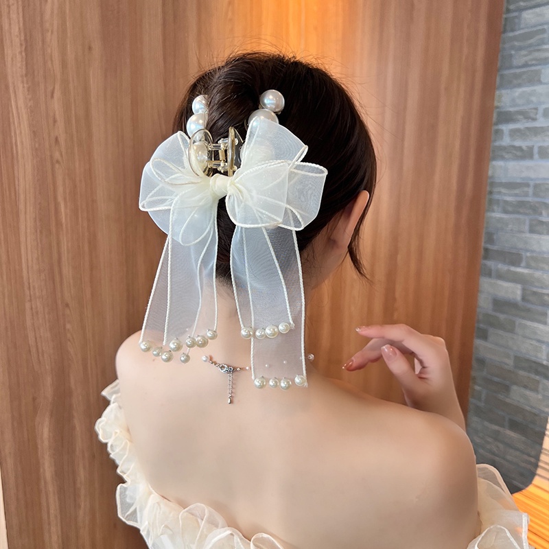 Kẹp Tóc Hình Nơ Đính Ngọc Trai Màu Đen Phong Cách Hàn Quốc Cho Nữ