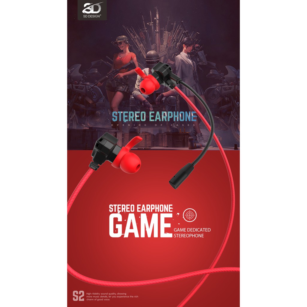 Tai nghe nhét tai SD Design S2 dành cho Game thủ, mic rời, nghe cực hay, dây dài 1.2m - Chính hãng