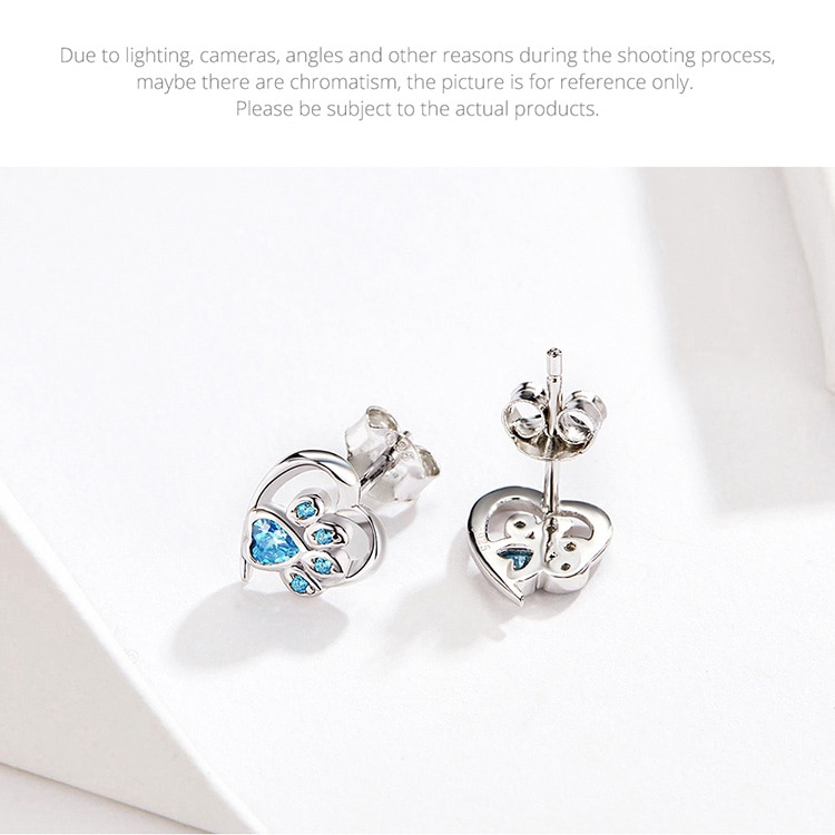 Bông Tai Bamoer SCE654 Hình Móng Mèo Bằng Bạc 925 Phối Pha Lê Xanh Hình Trái Tim Độc Đáo Dễ Thương