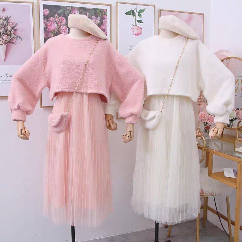 Set len tiểu thư 3 món gồm áo len croptop + chân váy công chúa kèm túi ulzzang siêu xinh
