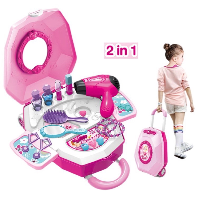 Đồ chơi trang điểm cho bé gái kèm vali đựng đồ 3 in 1 nhiều chi tiết son môi máy sấy gương lược buộc tóc cho bé TKMB68