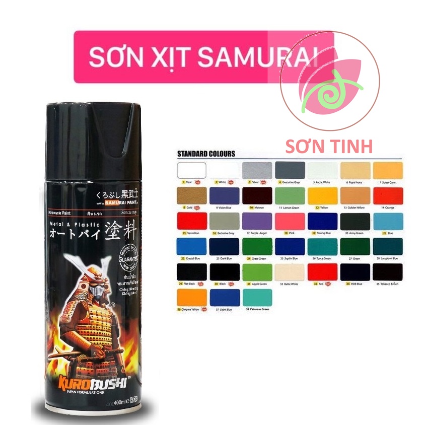 Sơn xịt Samurai đủ màu, Lót đen trắng bạc xám đỏ vàng tím hồng Bóng Mờ 2k Chịu nhiệt Chống cháy chuyên dùng cho xe máy