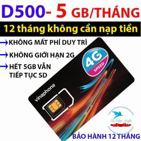 SIM VINA D500 TRỌN GÓI 12 THÁNG KHÔNG CẦN NẠP TIỀN TẶNG 5.1GB/THÁNG