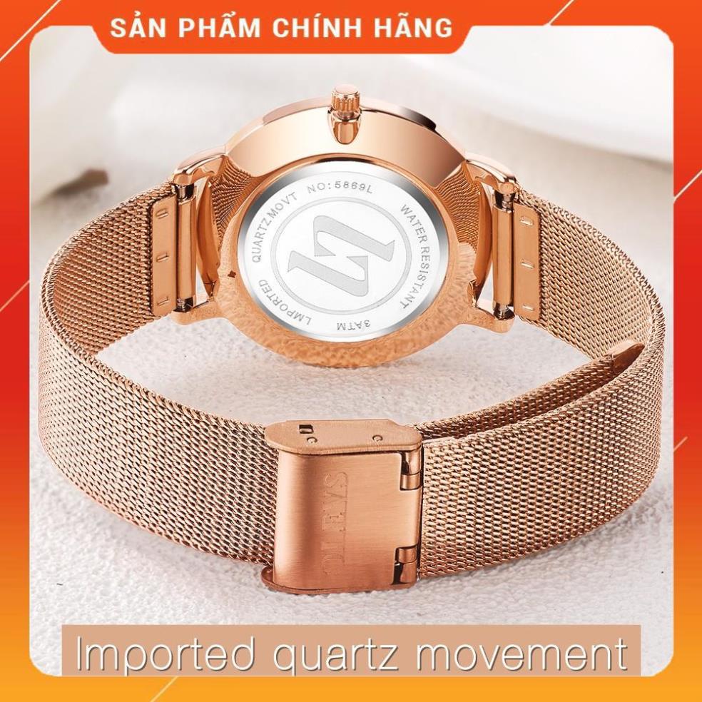 Đồng hồ đeo tay OLEVS 5869 dây đeo thép lưới siêu mỏng có lịch chống thấm nước màu vàng hồng thời trang nữ