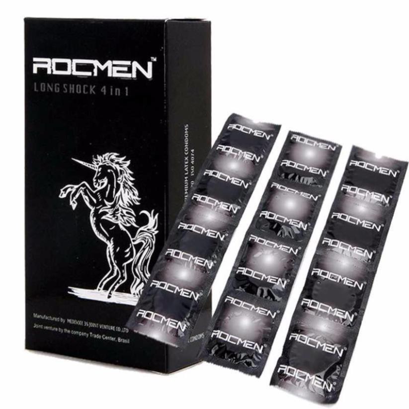 Hộp 12c bao cao su gân gai kéo dài thời gian ROCMEN đen BCSRD001