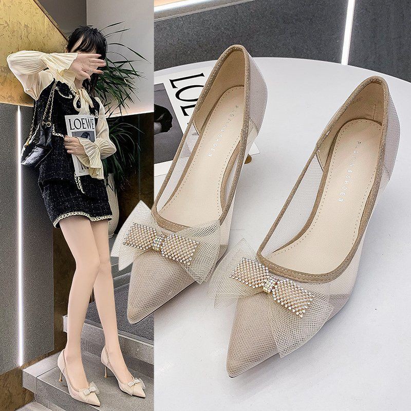 ■☒Pearl Bowknot French High Heels Women s 2021 New Style Fine Heel Spring and Summer Net Yarn Single Shoes Pointed Toe Dress