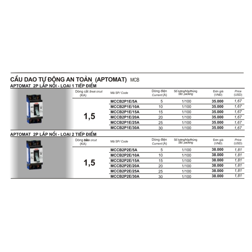 Atomat Lioa 30A, CB  Lioa 30A, Atomat LiOA loại 2 cực 1 tiếp điểm.