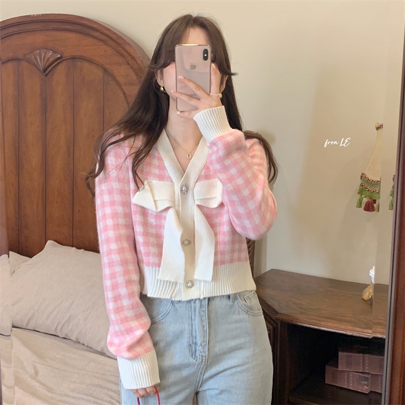 Áo Khoác Cardigan Dệt Kim Tay Dài Kẻ Sọc Đính Nơ Thời Trang Mùa Thu Cho Nữ