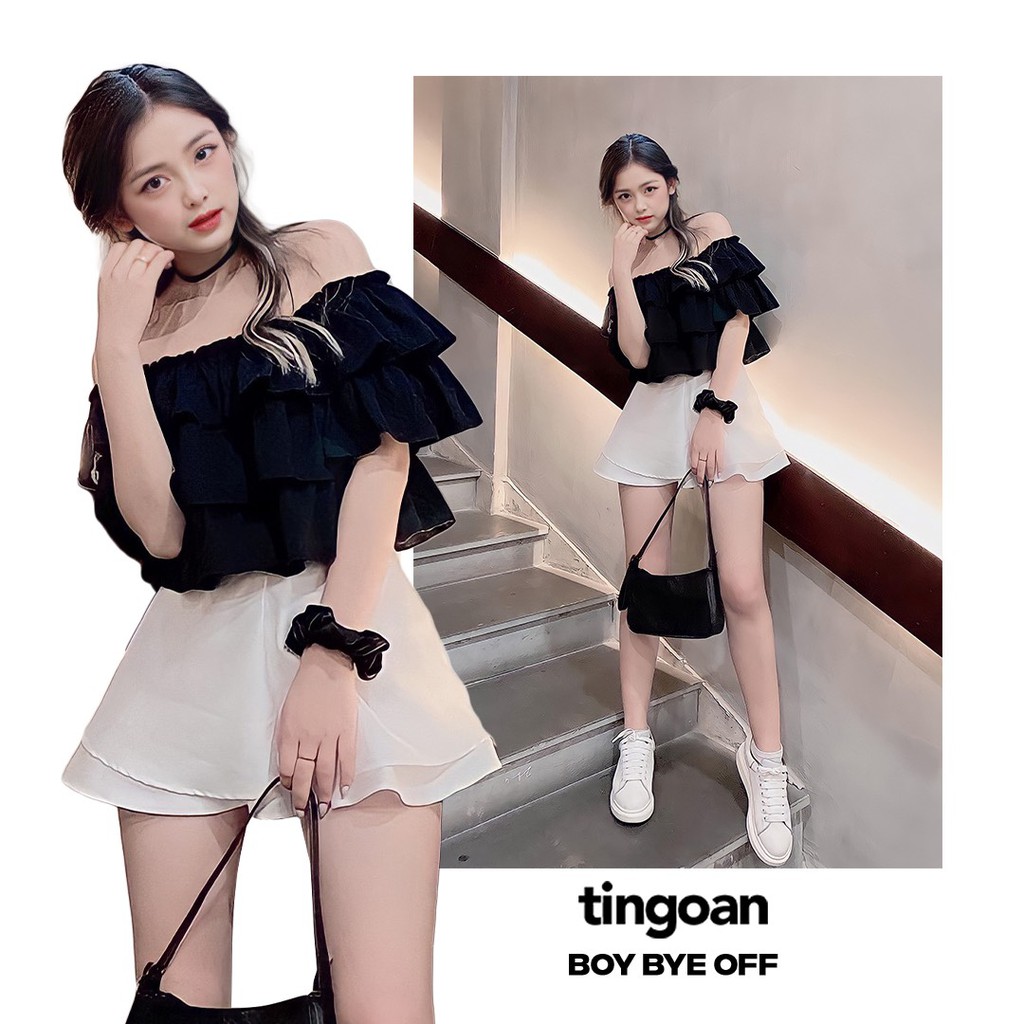 TINGOAN® - Áo trễ vai crop 3 tầng đen tingoan BOY BYE OFF/BL