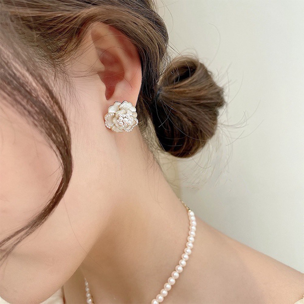 Dây Chuyền / Khuyên Tai / Vòng Tay Hình Hoa Trà Đính Ngọc Trai Giả Bằng Hợp Kim Màu Đen Phong Cách Hàn Quốc Thanh Lịch Cho Nữ