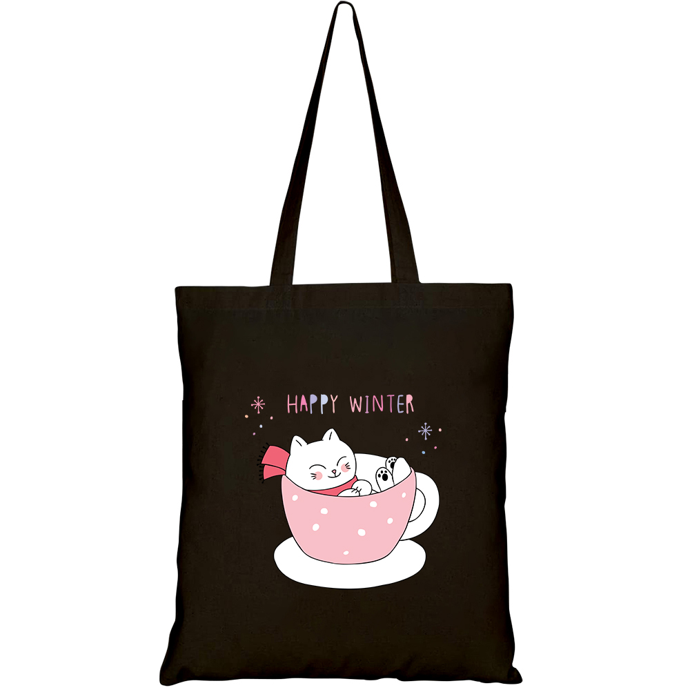 Túi vải tote canvas HTFashion in hình happy winter cat sleeping cup HT98