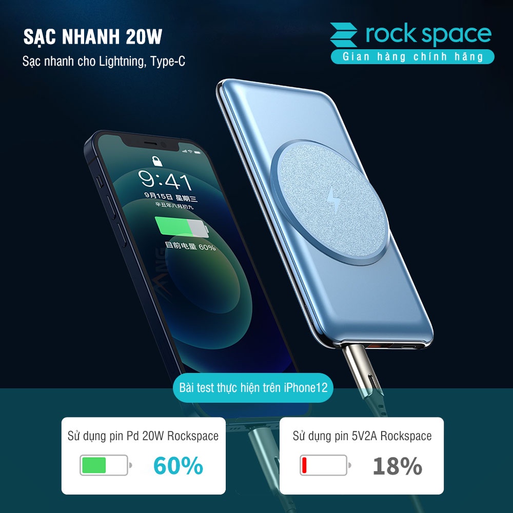 Pin sạc dự phòng không dây Rockspace P88 sạc nhanh PD 20W dung lượng 10000mAh, sạc nhanh cho ip12, ip13 Hàng chính hãng