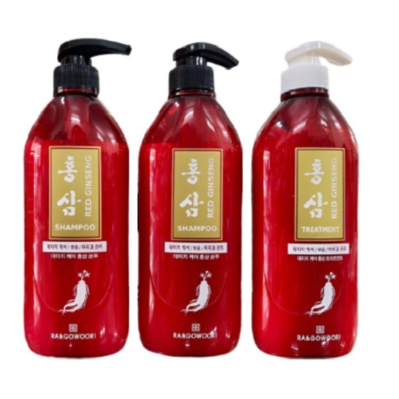 BỘ QUÀ 2 CHAI DẦU GỘI 500ML + 1 CHAI DẦU XẢ 500ML CHIẾT XUẤT HỒNG SÂM RA&GOWOORI RED GINSENG