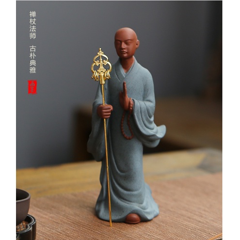 Tượng Mục Kiền Liên- Tượng gốm tăng nhân cầm trượng vàng- Tượng  gốm tu sĩ tăng nhân gốm tử sa