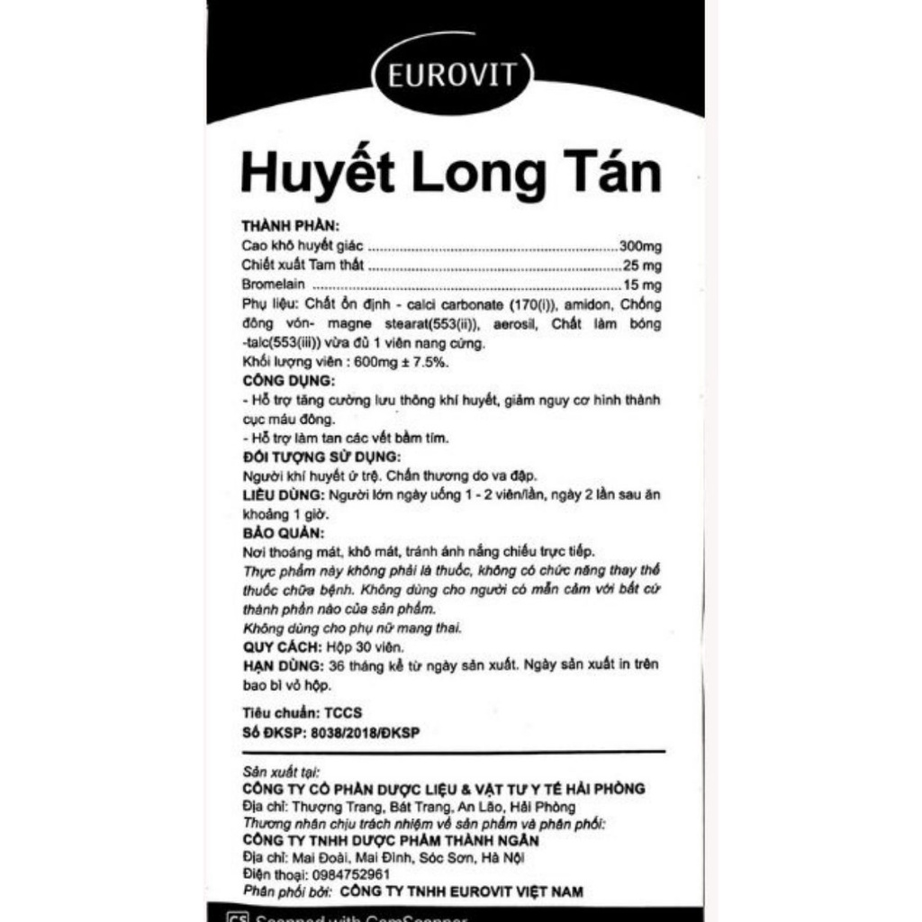 Huyết Long Tán giảm đau, tan máu ứ, sinh ra máu mới hộp 30 viên