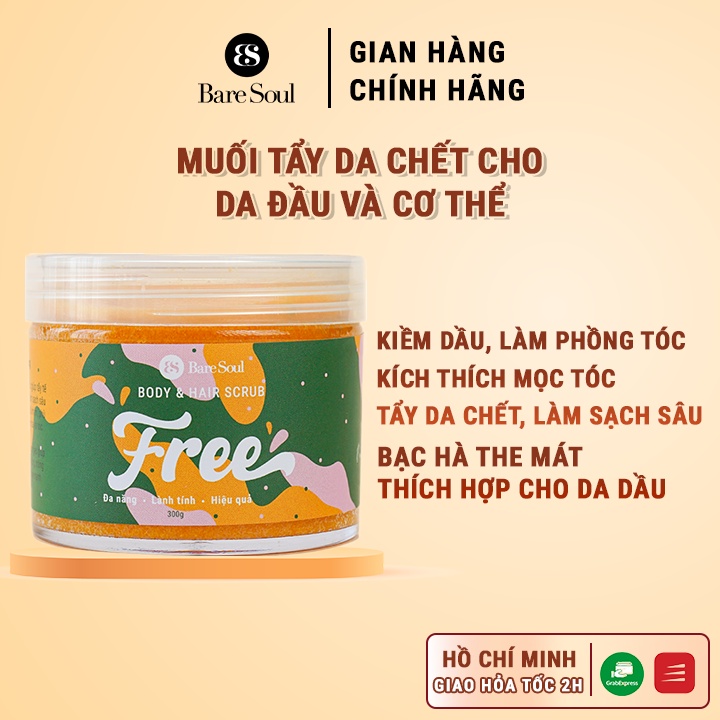 Muối tắm gội tẩy tế bào chết da đầu, tóc và tẩy tế bào chết cơ thể BareSoul FREE Body &amp; Hair Scrub 300g