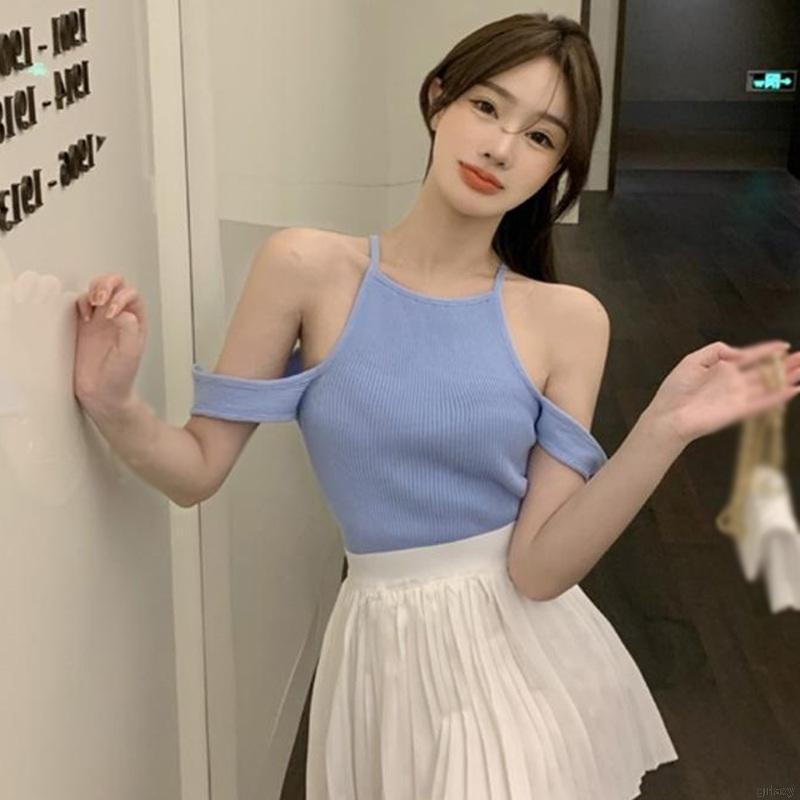 Áo Croptop Dệt Kim Trễ Vai Màu Trơn Đơn Giản Thời Trang Hàn Quốc Cho Nữ