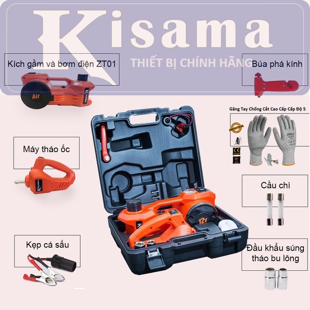 [Tặng Găng Tay Chống Cắt] Bộ dụng cụ cứu hộ thay lốp ô tô xe hơi ZT01 KISAMA 3in1 con kích đội điện bơm hơi siết vít