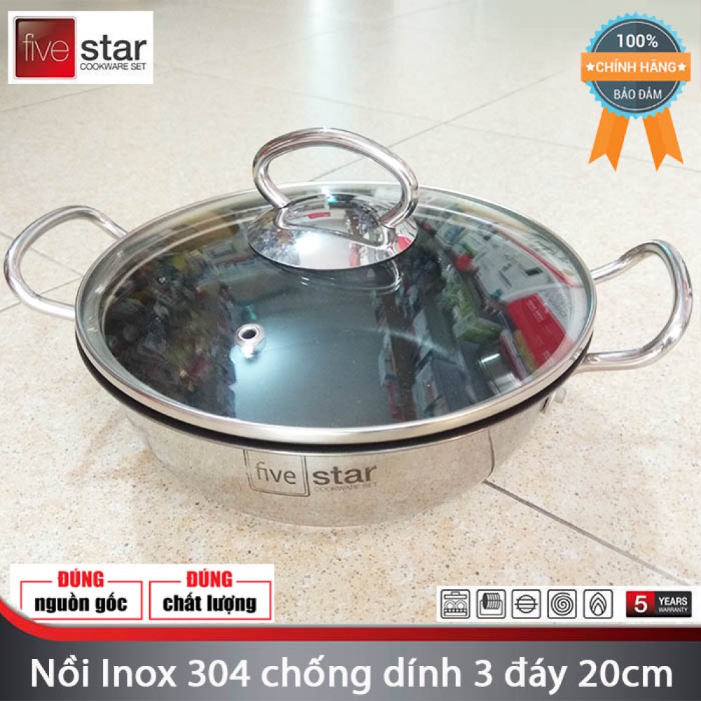 Nồi chống dính Fivestar,Inox 430- 3 đáy -18 -20-22cm- dùng bếp từ -bảo hành 5 năm- hàng chính hãng