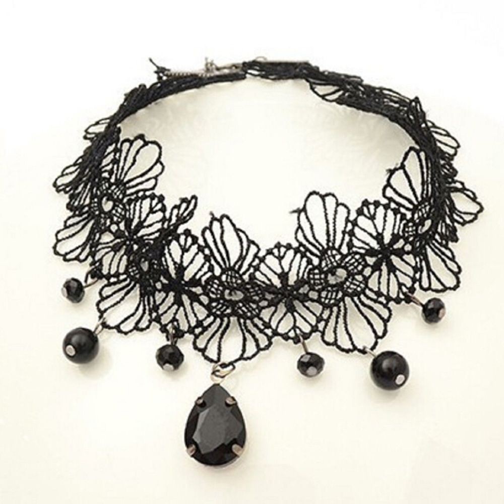 Black Flower Gothic Steampunk Black Tassel Women Jewelry Necklace