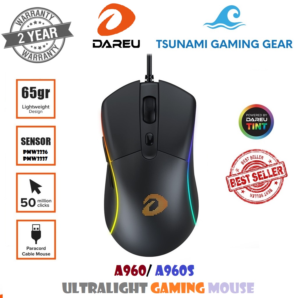 Chuột Gaming DAREU A960/ A960s BLACK ULTRALIGHT RGB/ Pixart PWM3336 - PWM3337/ màu đen