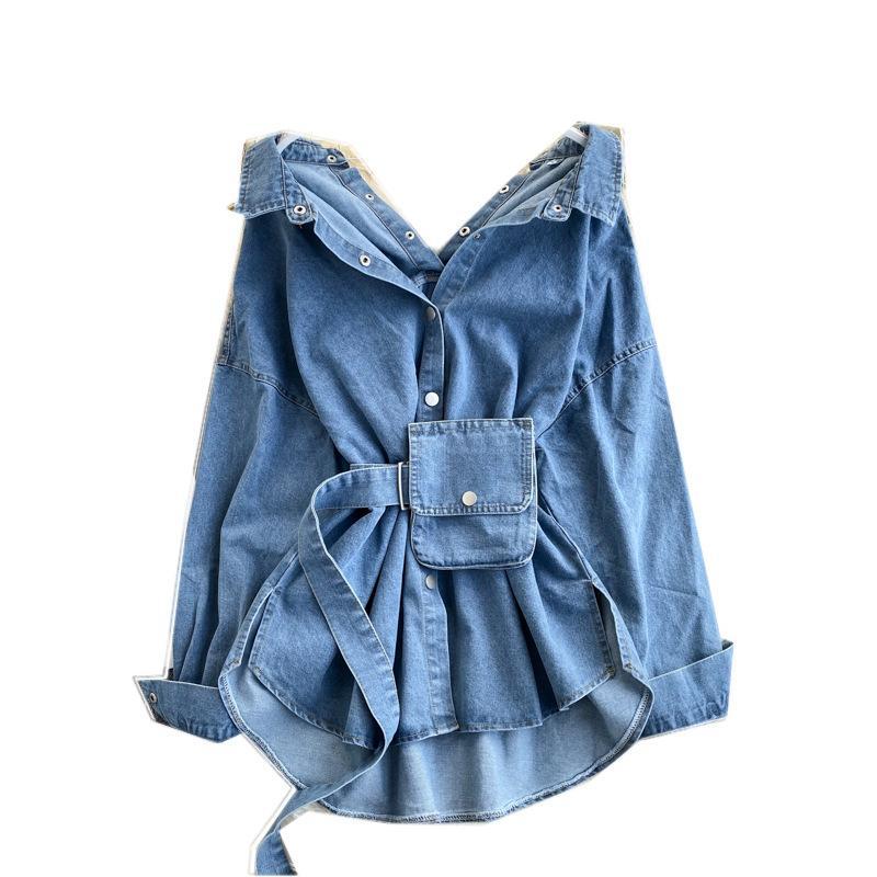 Korean Denim Shirt Female Design Niche Sense Scheming Halter Lace-up Waist Slimming Fashionable Two-wear Shirt