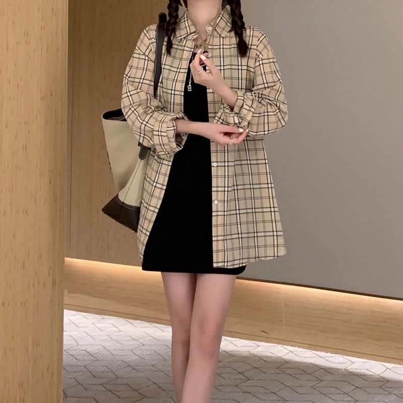 SUXI Áo Sơ Mi Tay Dài Dáng Rộng Kiểu Hàn Quốc Họa Tiết Sọc Caro Cá Tính