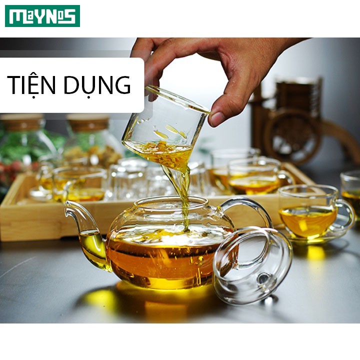 Bộ Ấm trà thủy tinh chịu nhiệt dung tích 600ml kèm 4 cốc sử dụng cho tiệc trà, có thể đun trên đế nến, bếp hồng ngoại