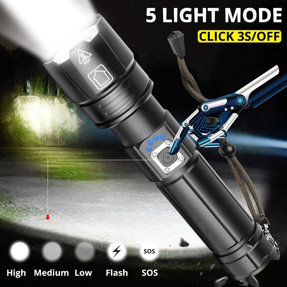 XHP90 manh me LED Đèn pin sạc XHP70 đèn pin Zoomable
