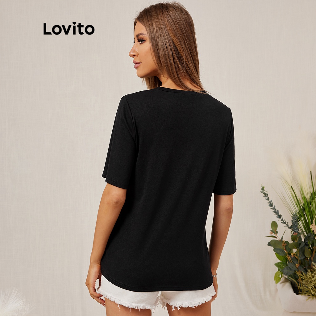 Áo thun Lovito cổ tròn tay ngắn oversize in hình trái tim phong cách hằng ngày L18D122 (Màu đen)
