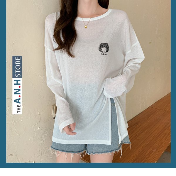 Áo thun xược tay dài xẻ tà cổ tròn nữ in hình phom rộng ANHSTORE , phom rộng phong cách Hàn Quốc