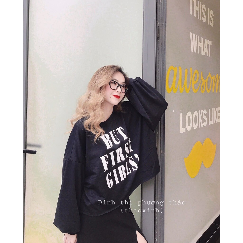 [ CHÁY HÀNG Áo croptop tay dài oversize in chữ BUT