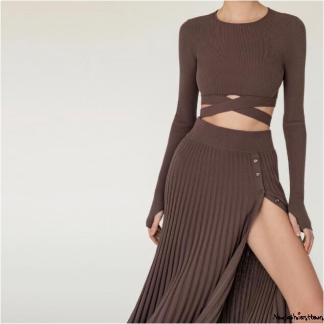 Áo croptop dệt kim tay dài cổ tròn màu sắc đơn giản quyến rũ cho nữ