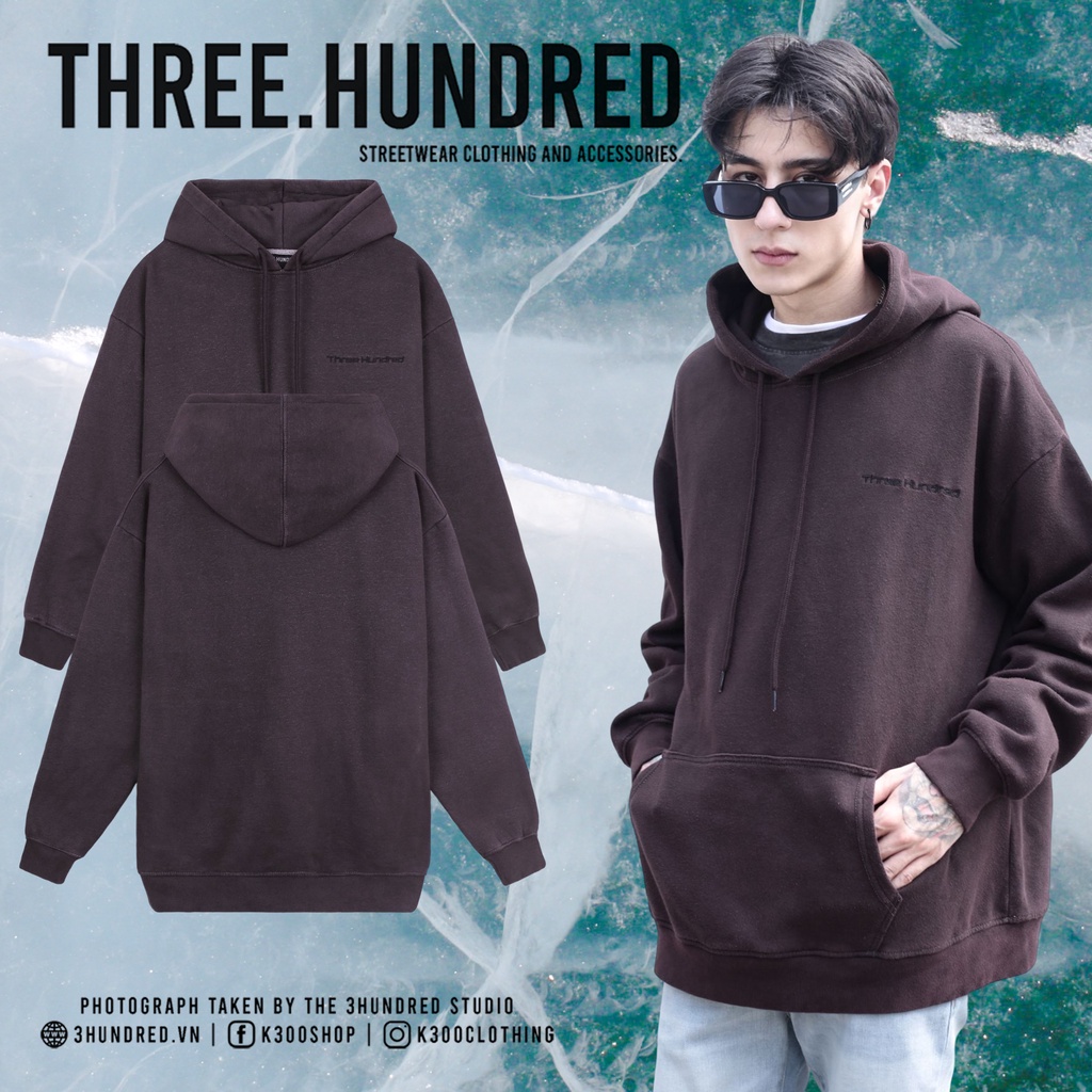 Áo Hoodie Thêu Logo Three Hundred Tỉ Mỉ Form Thoải mái Chát Liệu Nỉ Bông Màu Nâu