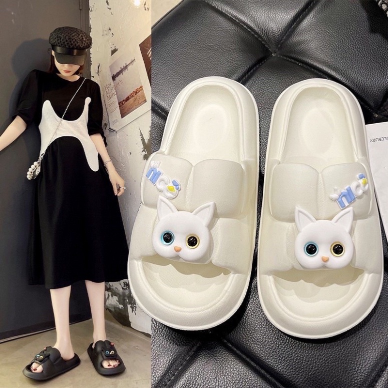 Dép bánh mỳ quai ngang nữ ô vuông đính sticker mèo cute siêu êm siêu bền - DL160