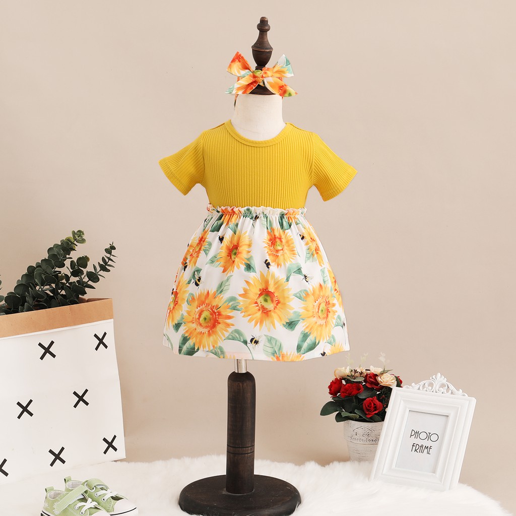 Set đầm + băng đô Mikrdoo vải cotton in hoa phong cách mùa hè xinh xắn dành cho bé gái