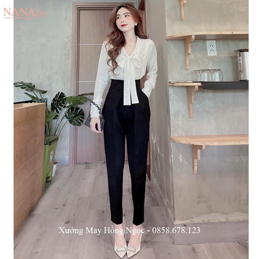 Quần baggy cạp cao bản to rộng 2 nút màu Đen dáng quần tây nữ công sở đi học lưng cao vải mềm dày co giãn nhẹ