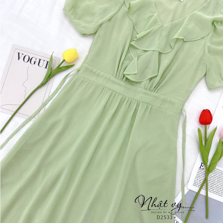 Đầm dự tiệc maxi Nhật Vy tay ngắn cổ tim phối bèo dáng xoè chất voan ánh kim phù hợp đi chơi dạo phố công sở - D2533